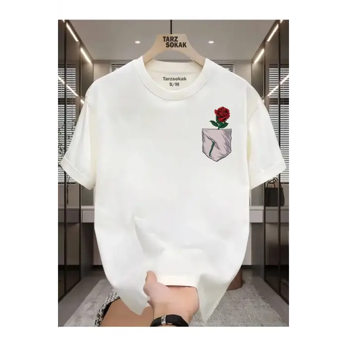 UNİSEX Gül Minimalis Baskı T-shirt