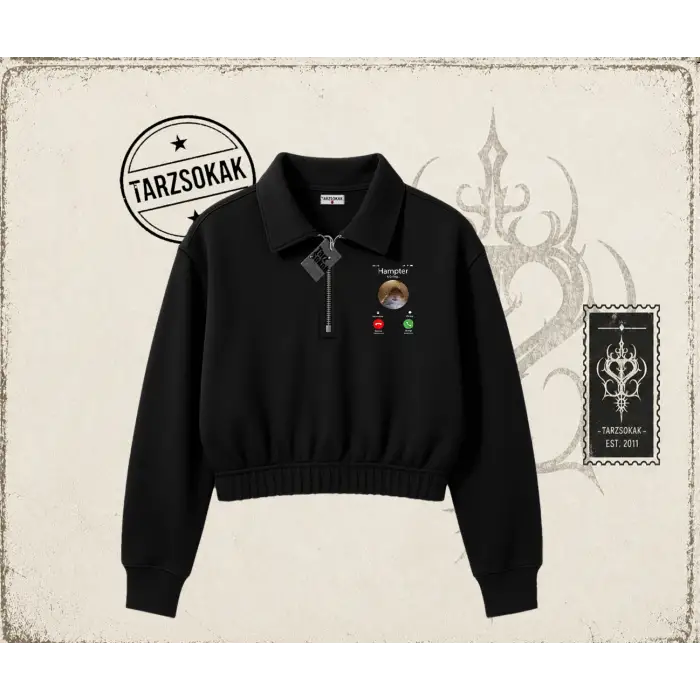 Unisex Hampter is Calling Kadın Crop Polo Yaka Yarım Fermuarlı Sweatshirt Beyaz