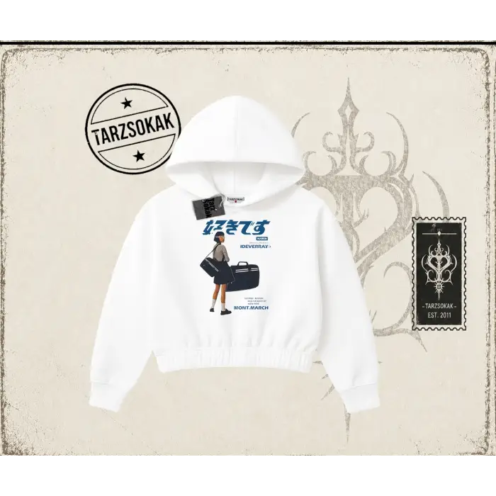 Unisex Harajuku Girl Kadın Crop Kapşonlu Sweatshirt Beyaz