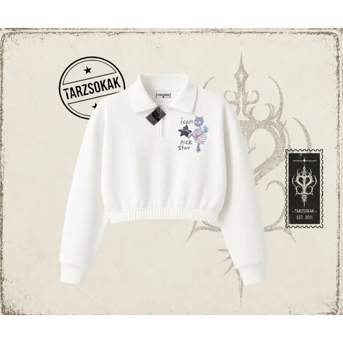 Unisex I Can Pick Star Kadın Crop Polo Yaka Yarım Fermuarlı Sweatshirt Beyaz