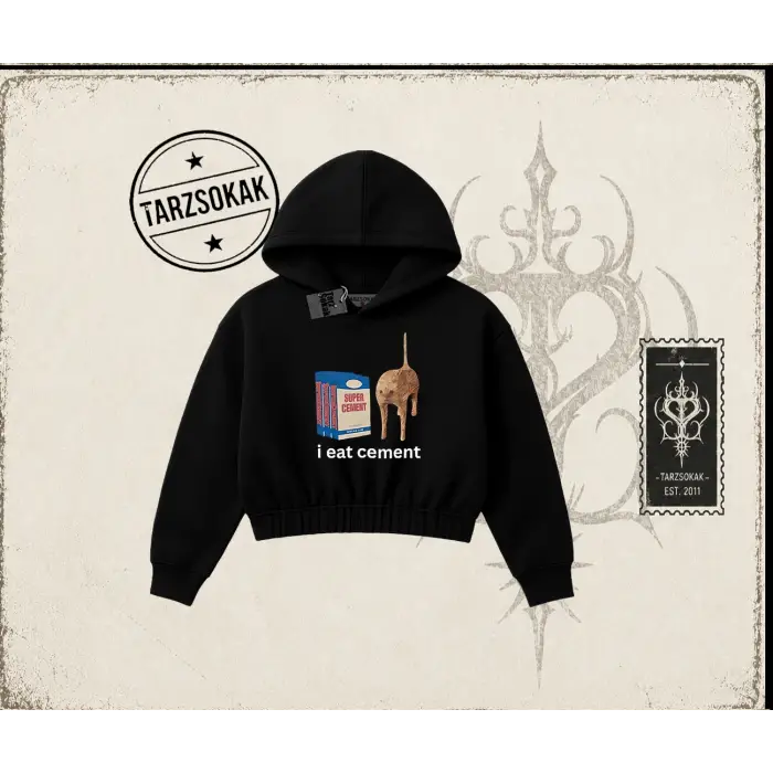 Unisex i eat cement Kadın Crop Kapşonlu Sweatshirt Beyaz