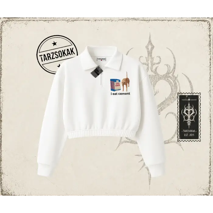 Unisex i eat cement Kadın Crop Polo Yaka Yarım Fermuarlı Sweatshirt Beyaz