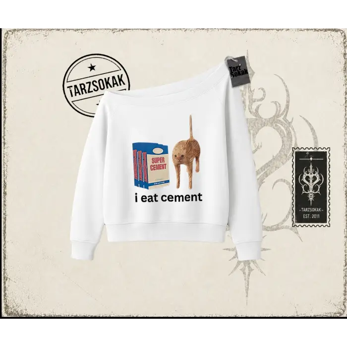Unisex i eat cement Kadın Kayık Yaka Sweatshirt Beyaz
