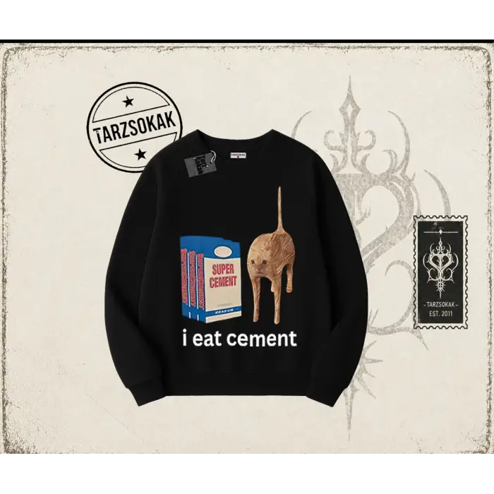 Unisex i eat cement Oversize Unisex Bisiklet Yaka Sweatshirt Beyaz