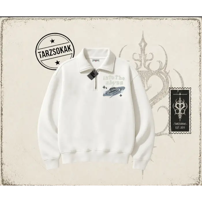 Unisex Into the Abyss Unisex Polo Yaka Yarım Fermuarlı Sweatshirt Beyaz