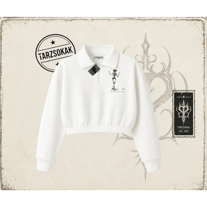 Unisex Iskelet Cactus Kadın Crop Polo Yaka Yarım Fermuarlı Sweatshirt Beyaz