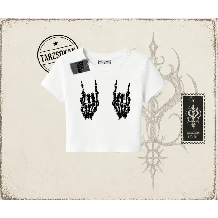Unisex İskelet El Kadın Baby Tee Beyaz