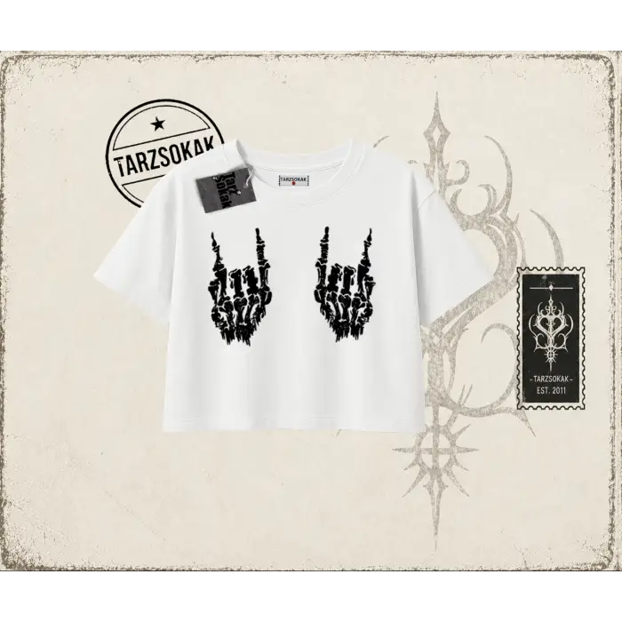 Unisex İskelet El Kadın Crop Tişört Beyaz