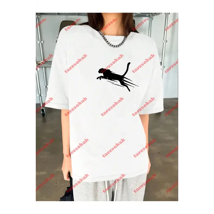 Unisex jaguar Baskılı Tshirt Beyaz