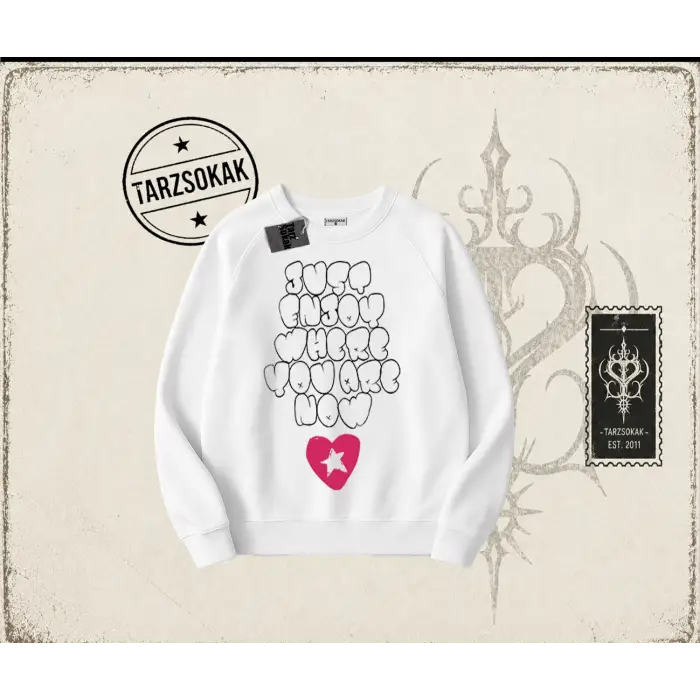 Unisex Just Enjoy Oversize Unisex Bisiklet Yaka Sweatshirt Beyaz