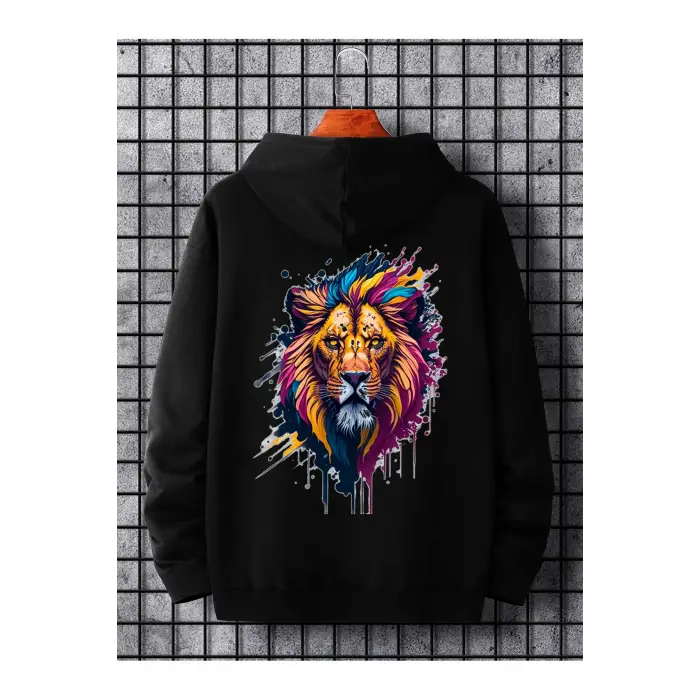 Unisex Kadın/Erkek Siyah Aslan Sırt Baskılı Oversize Kapüşonlu Sweatshirt
