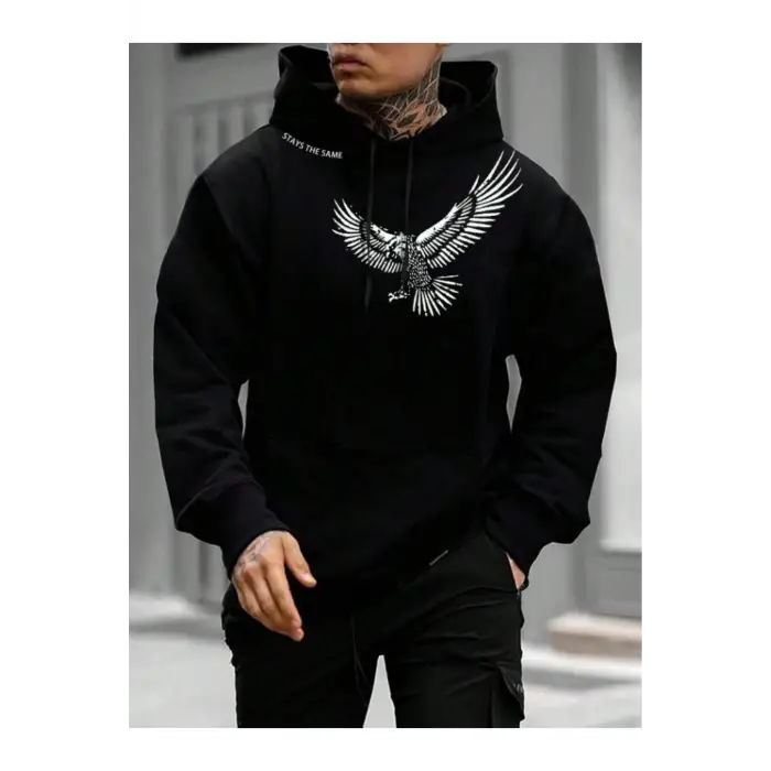 Unisex Kadın/Erkek Siyah Stays The Same Baskılı Oversize Kapüşonlu Sweatshirt