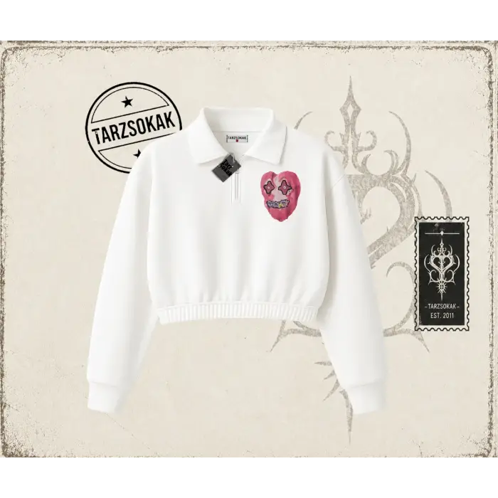Unisex Kalp Kadın Crop Polo Yaka Yarım Fermuarlı Sweatshirt Beyaz