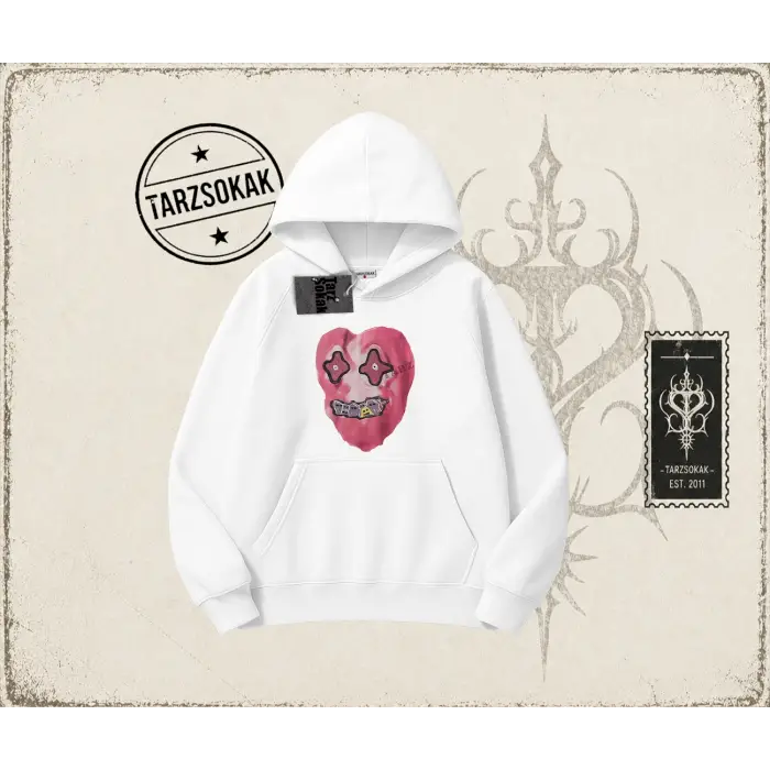 Unisex Kalp Oversize Unisex Kapşonlu Sweatshirt Beyaz