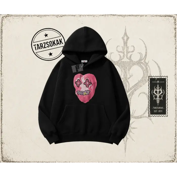 Unisex Kalp Oversize Unisex Kapşonlu Sweatshirt Beyaz