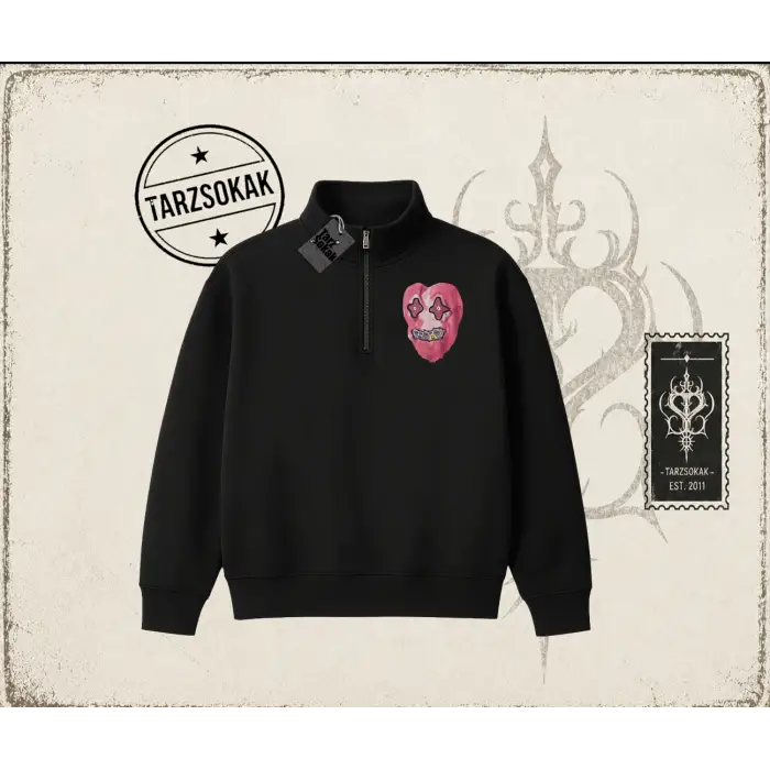 Unisex Kalp Unisex Polo Yaka Yarım Fermuarlı Sweatshirt Beyaz