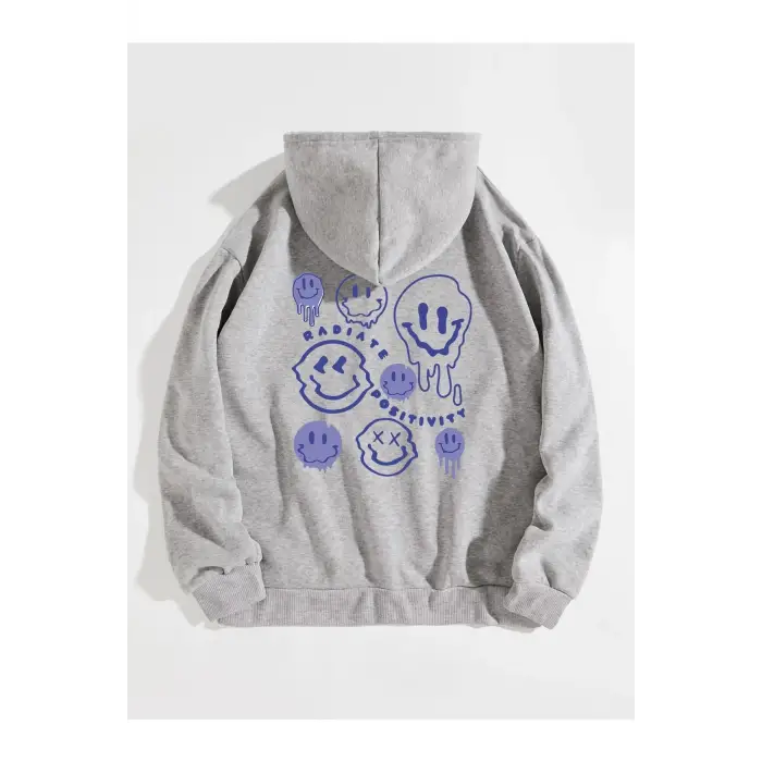 Unisex Kapüşonlu Radiate Baskılı Oversize Kapüşonlu Sweatshirt Gri