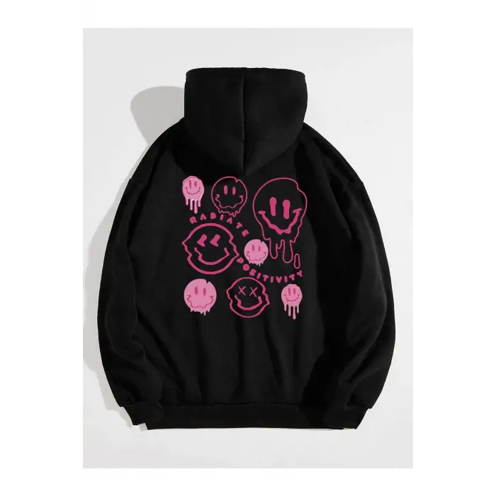 Unisex Kapüşonlu Radiate Baskılı Oversize Kapüşonlu Sweatshirt Siyah