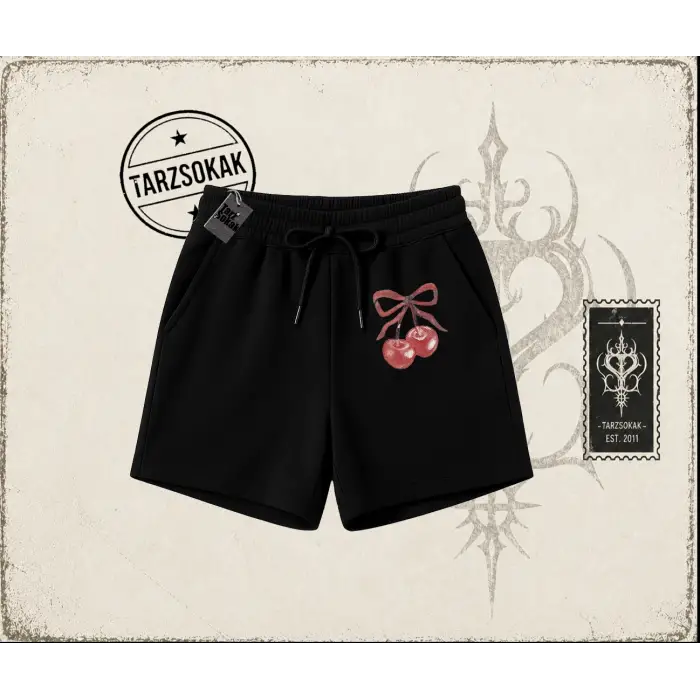 Unisex Kiraz Kurdele Tram Unisex Şort Beyaz