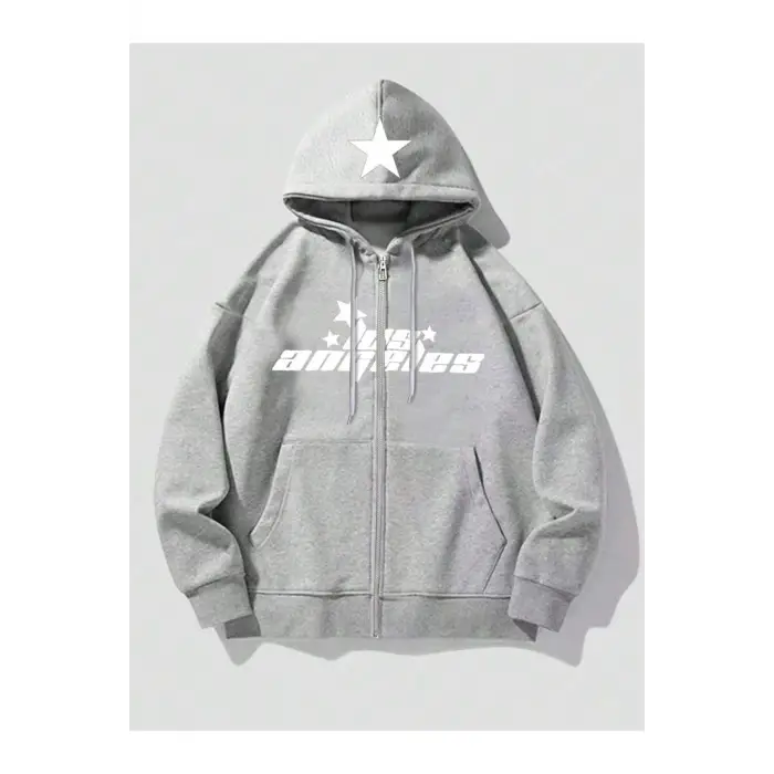 Unisex Koyu Gri Kapüşonlu Nakış Baskılı Fermuarlı Sweatshirt
