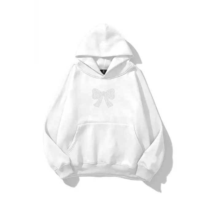 Unisex Kurdele Taş Baskılı Sweatshirt Beyaz