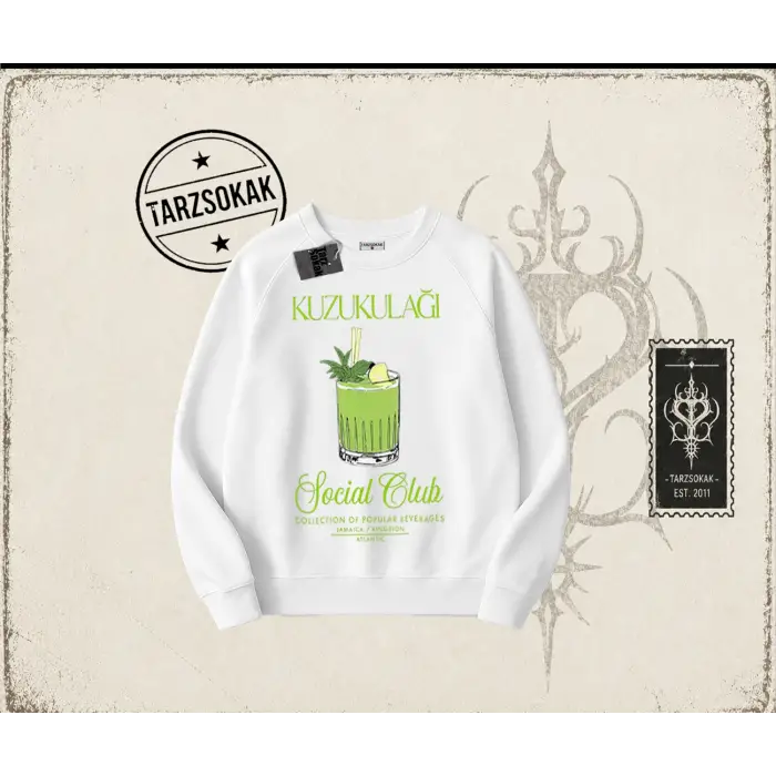 Unisex Kuzu Kulağı Oversize Unisex Bisiklet Yaka Sweatshirt Beyaz