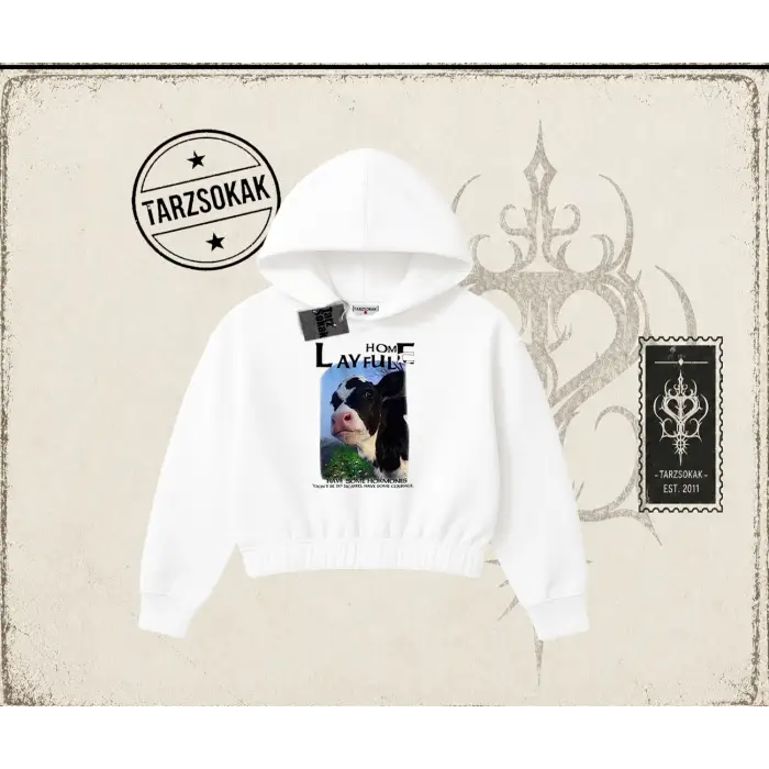 Unisex Layful Kadın Crop Kapşonlu Sweatshirt Beyaz