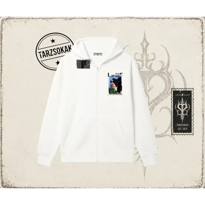 Unisex Layful Oversize Unisex Hırka & Çeket Fermuarlı Sweatshirt Beyaz