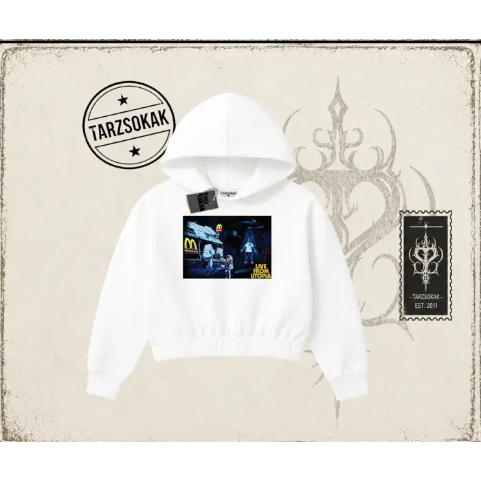 Unisex Live From Utopia Travis Scott Kadın Crop Kapşonlu Sweatshirt Beyaz
