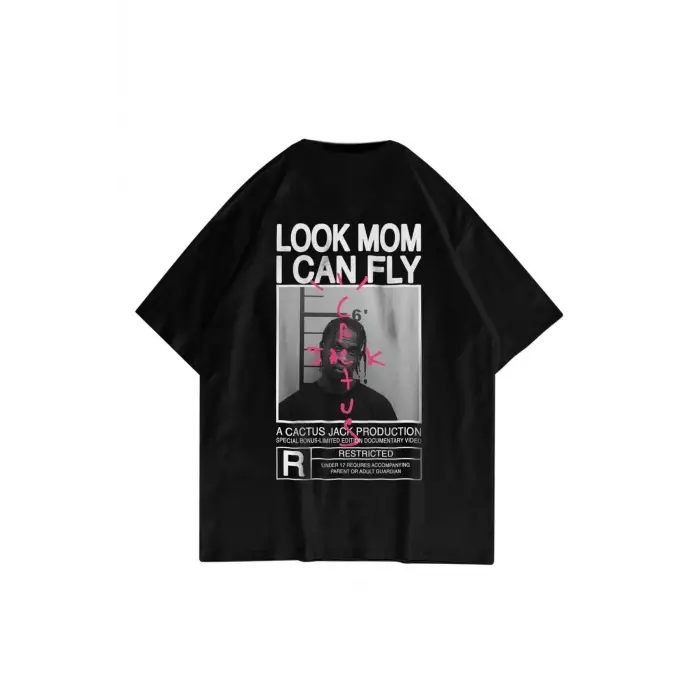 Unisex Look Mom I Can Fly Siyah Tshirt
