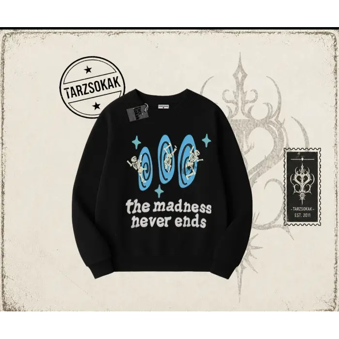 Unisex Madness Never Ends Oversize Unisex Bisiklet Yaka Sweatshirt Beyaz