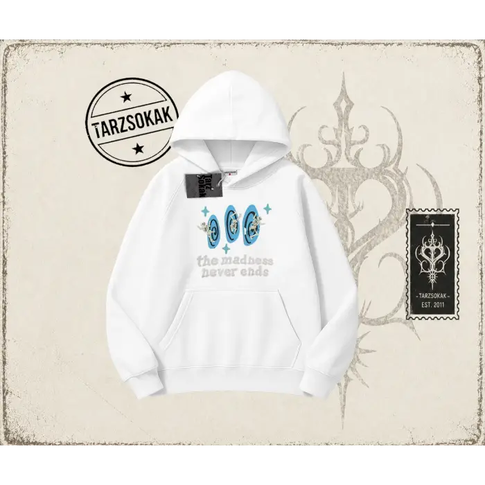 Unisex Madness Never Ends Oversize Unisex Kapşonlu Sweatshirt Beyaz
