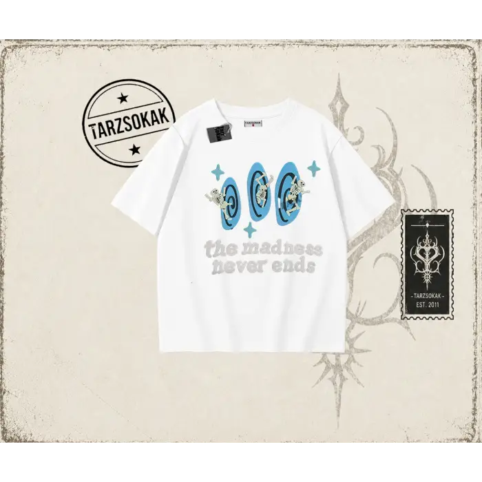 Unisex Madness Never Ends Oversize Unisex Tişört Beyaz