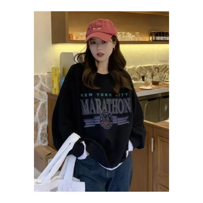 Unisex Marathon Bisiklet Yaka Sweatshirt Siyah