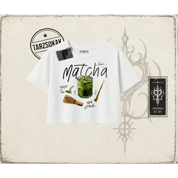 Unisex Matcha Kadın Crop Tişört Beyaz