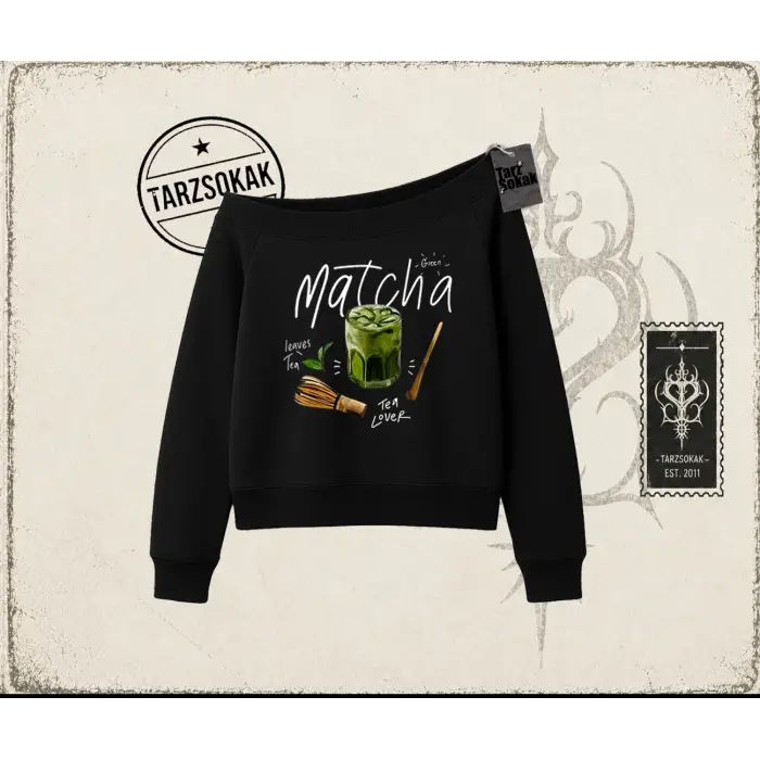 Unisex Matcha Kadın Kayık Yaka Sweatshirt Beyaz
