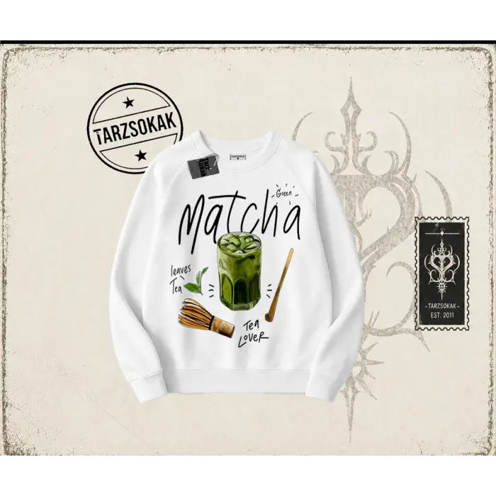 Unisex Matcha Oversize Unisex Bisiklet Yaka Sweatshirt Beyaz