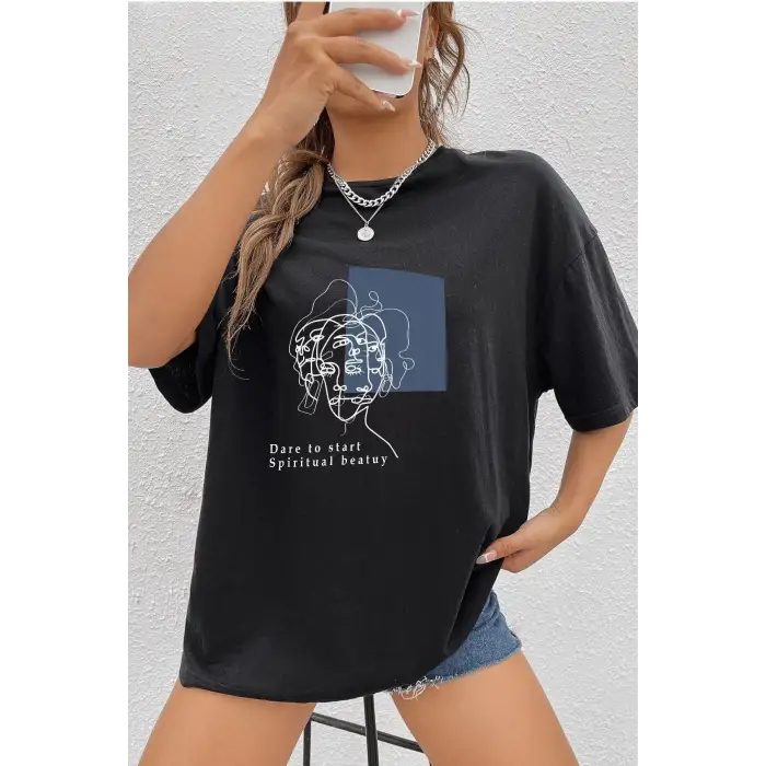 Unisex Minimal Line Drawing Baskılı T-shirt
