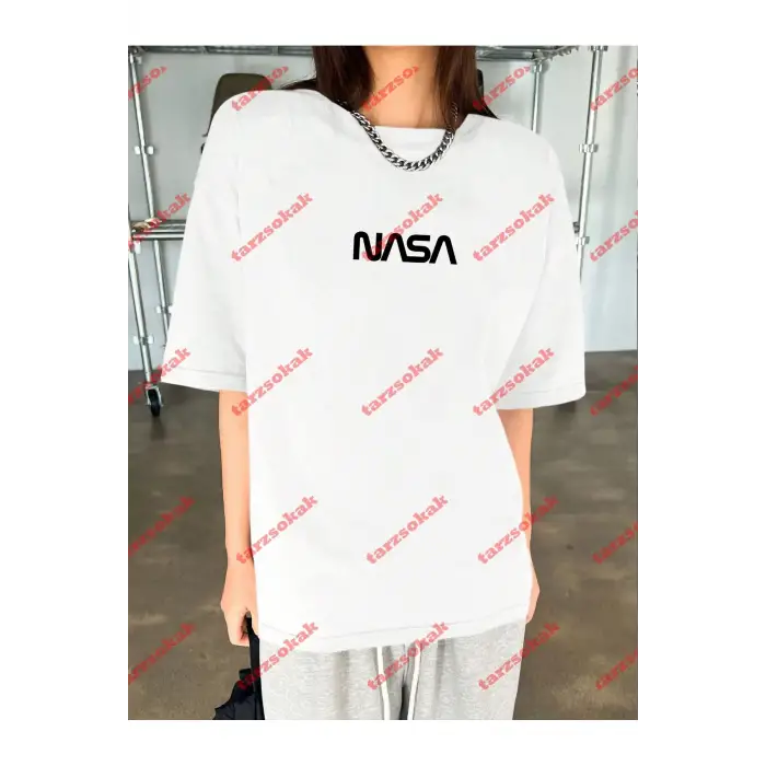 Unisex Nasa Baskılı Tshirt Beyaz
