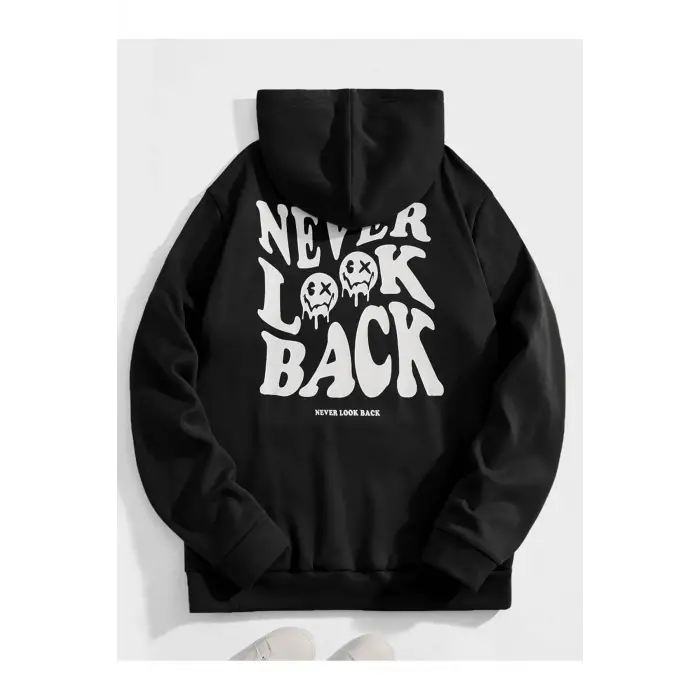 Unisex Never Baskılı Oversize Kapüşonlu Pamuklu Sweatshirt MAVİRENK