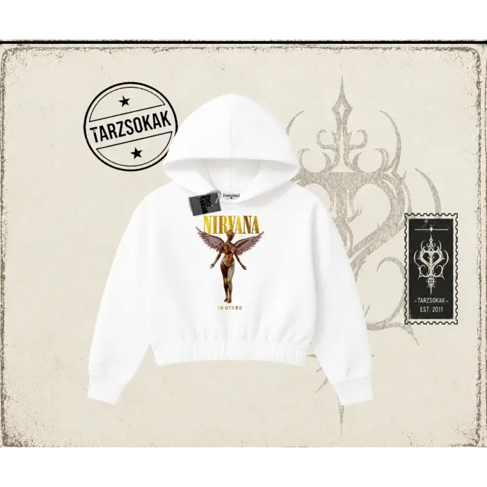Unisex Nirvana Angel Kadın Crop Kapşonlu Sweatshirt Beyaz