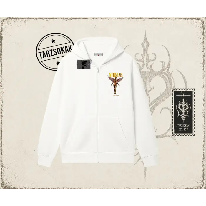 Unisex Nirvana Angel Oversize Unisex Hırka & Çeket Fermuarlı Sweatshirt Beyaz