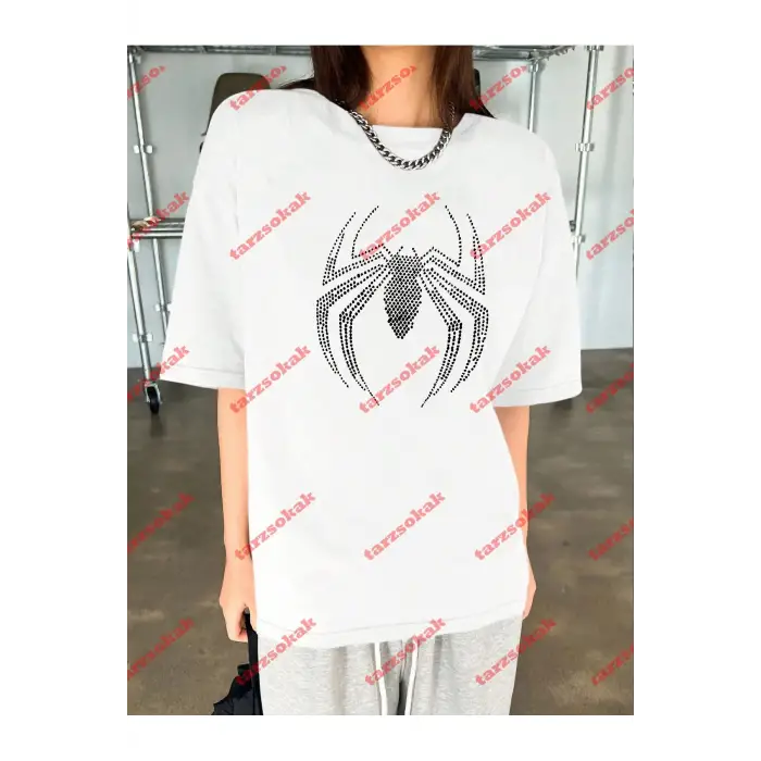Unisex Örümcek Baskılı Tshirt Beyaz