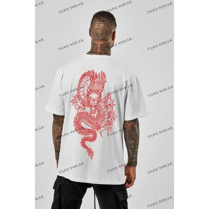Unisex Oversize Dragon Baskılı Beyaz