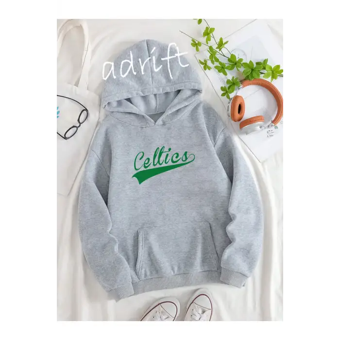 Unisex Oversize Kapüşonlu Kanguru Cepli Celttics Baskılı Gri