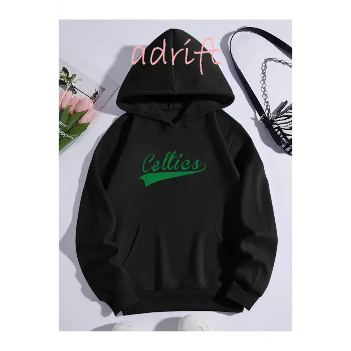 Unisex Oversize Kapüşonlu Kanguru Cepli Celttics Baskılı Siyah
