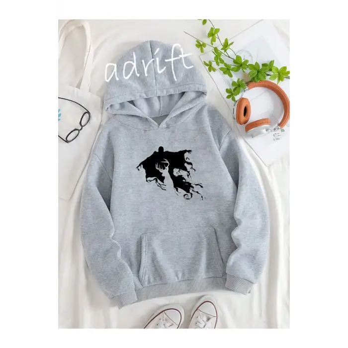 Unisex Oversize Kapüşonlu Kanguru Cepli Harry Potter Baskılı Gri