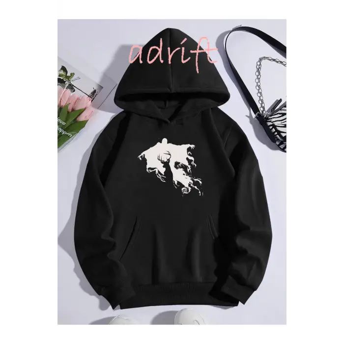 Unisex Oversize Kapüşonlu Kanguru Cepli Harry Potter Baskılı Siyah