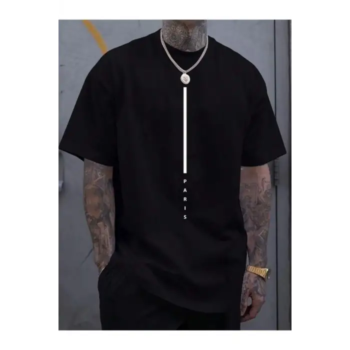 Unisex Paris Çizgi Baskılı Oversize %100 Pamuk