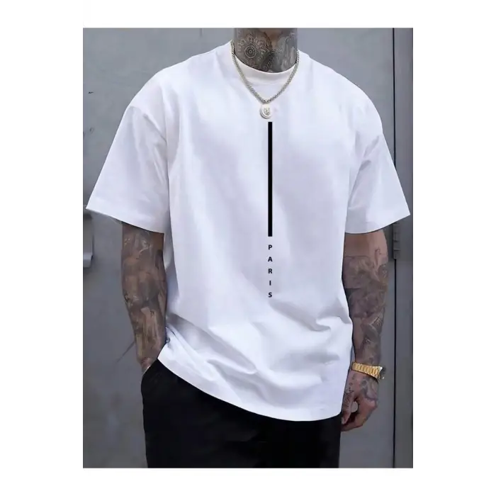 Unisex Paris Çizgi Baskılı Oversize %100 Pamuk